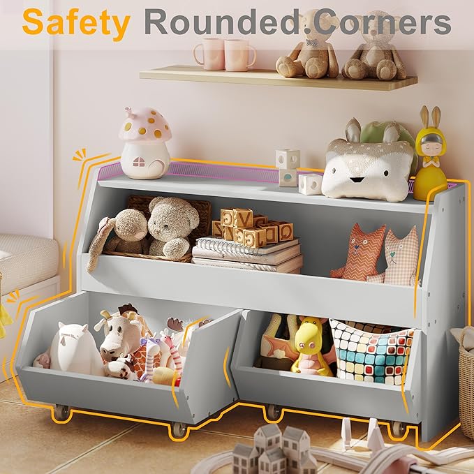 Fulhope Toy Storage Organizer for Kids, Toy Storage Cabinet with Drawers, Boys and Girls Toy Shelf with Wheels, Toy Organizer Kids Bookshelf with Storage for Nursery, Playroom, Bedroom (Light Grey)