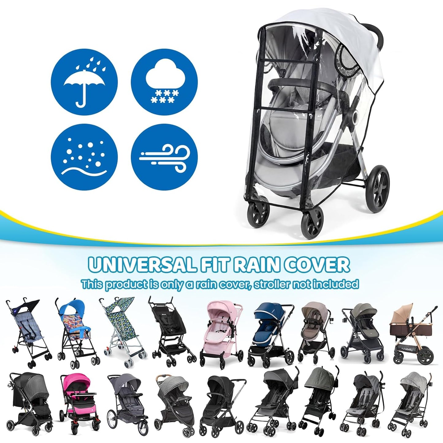 Universal Stroller Rain Cover, Rain Cover for Stroller with Clear Vision, Waterproof Baby Travel Weather Shield with Breathable Ventilation and Easy Access, Thick EVA & PVC Protect from Dust and Snow
