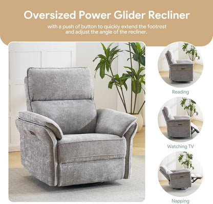 Oversized Swivel Rocker Recliner with Adjustable Headrest, Rocking Chair Nursery with Overstuffed Armrest, Manual Rocker Recliner Nursery Chair for Living Room, White