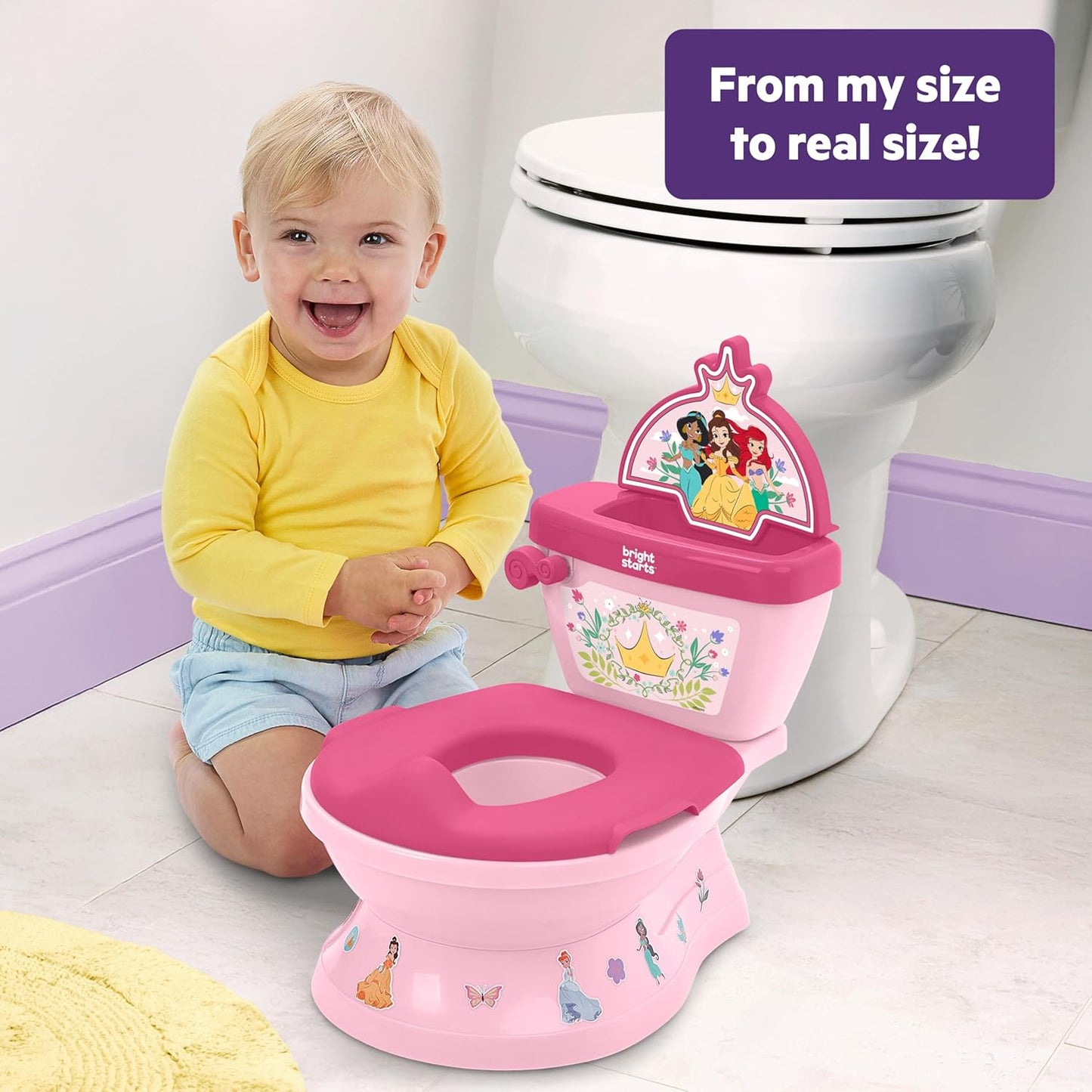 Bright Starts Disney Junior Minnie Mouse My Size Potty Training Toilet, Toddler Potty Chair with Flushing & Cheering Sounds, Removable Seat with Splash Guard & Handles, Ages 18+ Months, Up to 50 lbs
