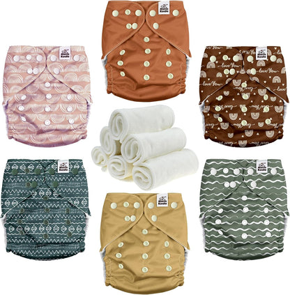Mama Koala 3.0 Pocket Cloth Diapers for Babies with AWJ Lining, 6 Pack with 6 4-Layer Natural Cloth Diaper Inserts - Reusable and Washable Pocket Diapers(Hardworking Bees) - Colors B