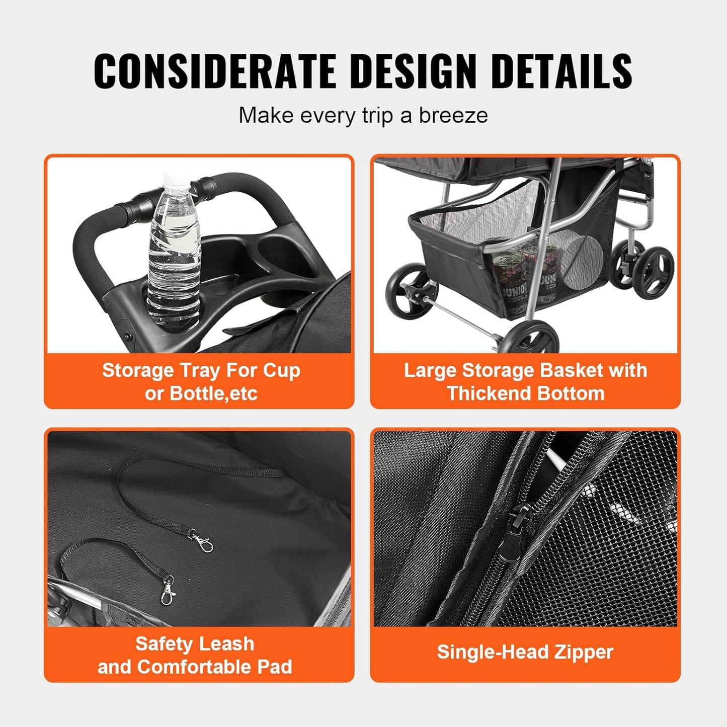 VEVOR Pet Stroller, 44 lbs Weight Capacity, Foldable Dog Cart, 4 Wheels Cats Stroller with Mesh Windows & Revrsible Handle, Portable Pet Carrier with Brake, for Small to Medium Pets