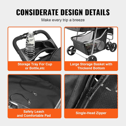 VEVOR Pet Stroller, 44 lbs Weight Capacity, Foldable Dog Cart, 4 Wheels Cats Stroller with Mesh Windows & Revrsible Handle, Portable Pet Carrier with Brake, for Small to Medium Pets