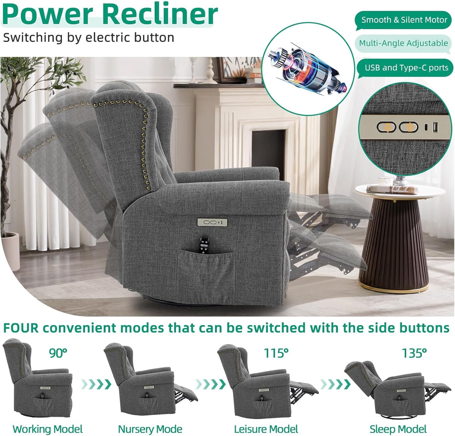 VIVIJASON Power Swivel Rocking Recliner Chair with Massage & Heat, Electric Rocker Nursery Glider Chair, Wingback Tufted Upholstered Recliner W/Type-C & USB Ports for Living Room, Bedroom, Beige