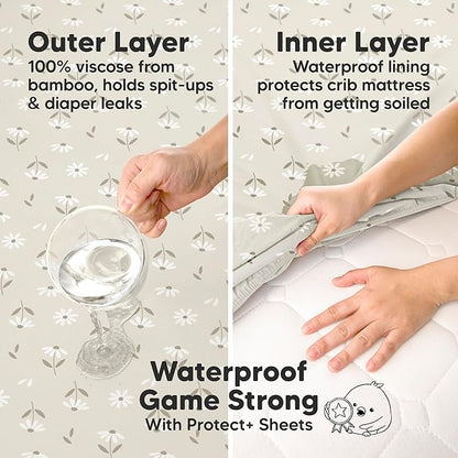 2-Pack Waterproof Baby Crib Sheets for Boys, Girls - 52x28 Viscose Derived from Bamboo Toddler Bed Sheet Neutral, Fitted Crib Mattress Protector Cover for Baby Bedding, Soft & Gentle (Daisies)
