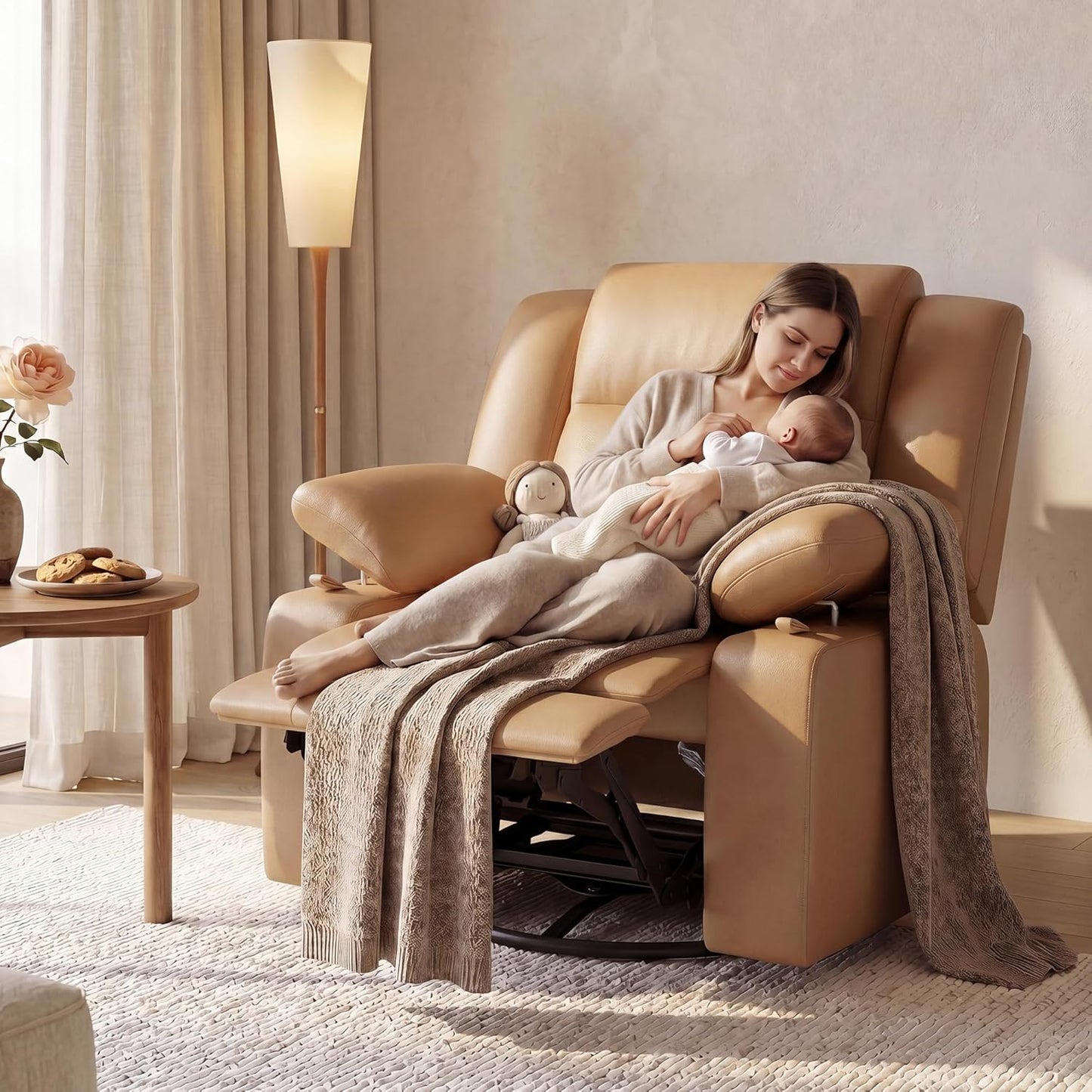 AILEEKISS Nursery Glider Recliner Chair with Adjustable Armrests, Swivel Rocking Recliner for Breastfeeding Moms, 360° Swivel, 30° Rocking, 90°-160° Recline, Easy-Clean Nursery Chair(White)