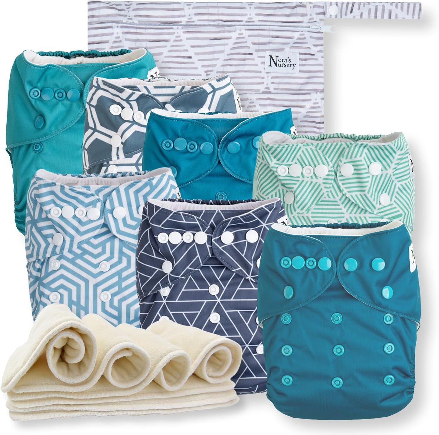 Nora's Nursery Cloth Diapers 7 Pack with 7 Inserts & 1 Wet Bag - Waterproof Cover, Washable, Reusable & One Size Adjustable Pocket Diapers for Newborns and Toddlers - Delilah