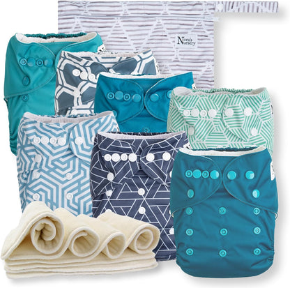 Nora's Nursery Cloth Diapers 7 Pack with 7 Inserts & 1 Wet Bag - Waterproof Cover, Washable, Reusable & One Size Adjustable Pocket Diapers for Newborns and Toddlers - Delilah