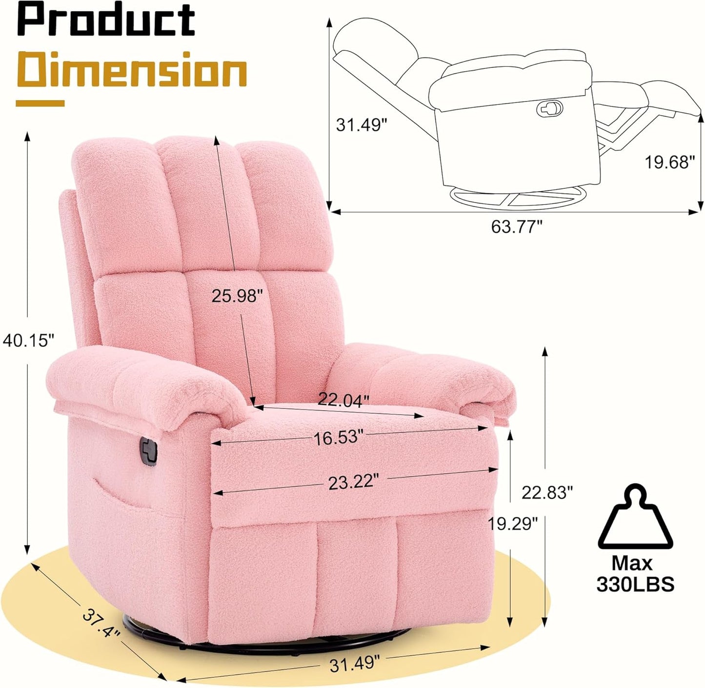 Korser Recliner Chair, Swivel Rocker Recliner Chair for Adults, Small Recliners for Small Spaces, Upholstered Manual Recliner with Side Pockets, Nursery Rocking Chair for Living Room, Chenille, Beige