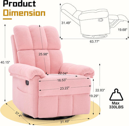 Korser Recliner Chair, Swivel Rocker Recliner Chair for Adults, Small Recliners for Small Spaces, Upholstered Manual Recliner with Side Pockets, Nursery Rocking Chair for Living Room, Chenille, Beige