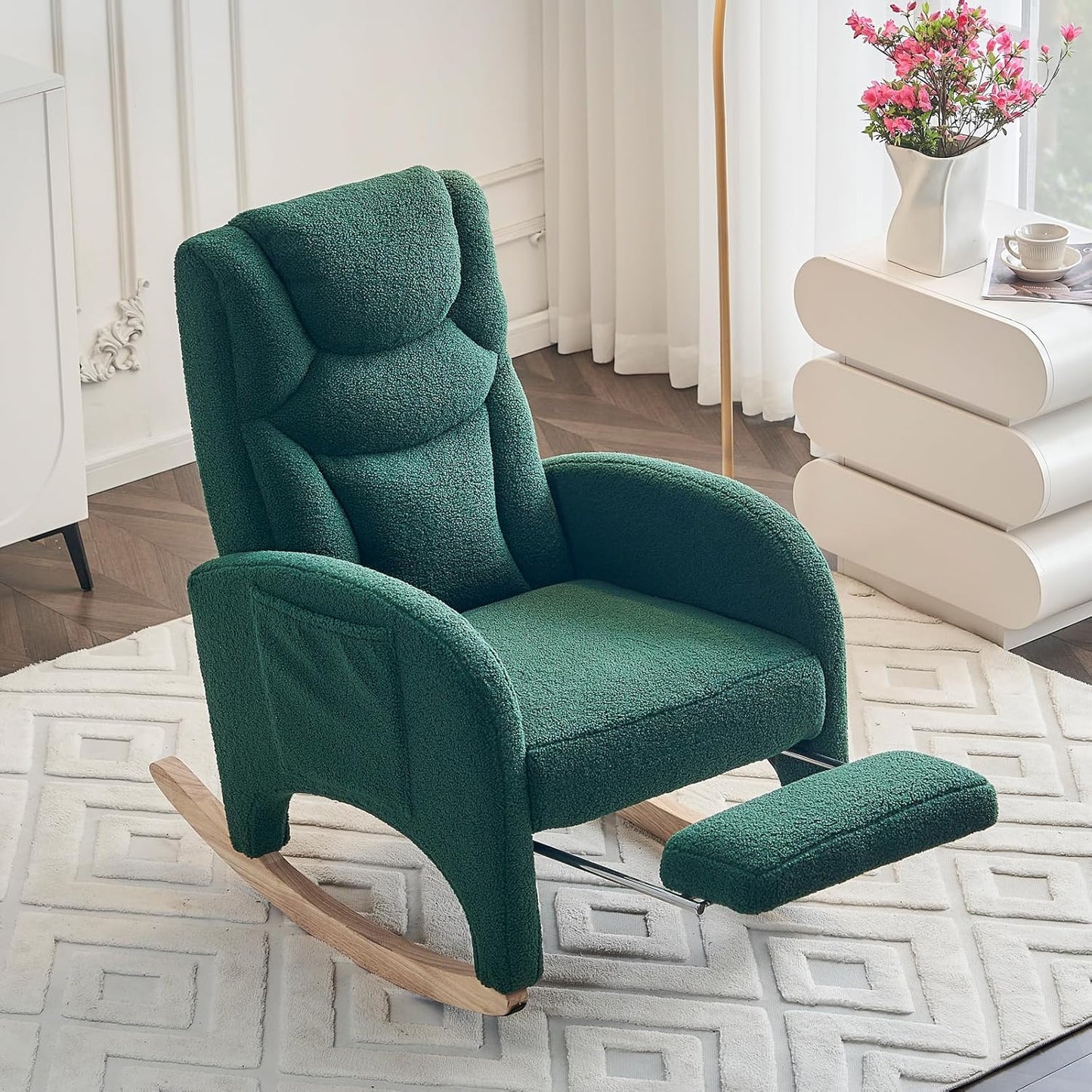 FOXHUNTER Rocking Chair Nursery, Modern Glider Chair with Adjustable Footrest and Solid Wood Legs, High Backrest Nursery Chair with Side Pocket, Rocker Armchair for Living Room Bedroom, Teddy Ivory