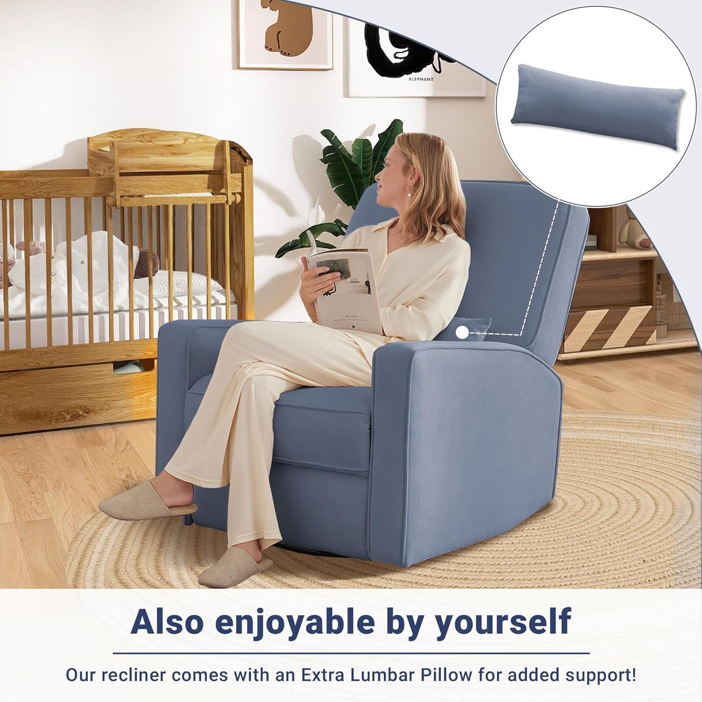 Tbfit Nursery Rocking Chair,360°Swivel Recliner Chair with Lumbar Support for Bedroom, Comfy Upholstered Armchair with Pillows & Footrest for Living Room & Baby Room