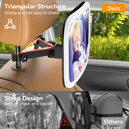 MoKo Baby Car Mirror with Light, Shatterproof Car Seat Mirror for Baby Rear Facing with Remote, 360°Rotation Rechargeable Carseat Mirrors Rear Facing, Anti-Shaked Hook Clip Design,Clear Vison