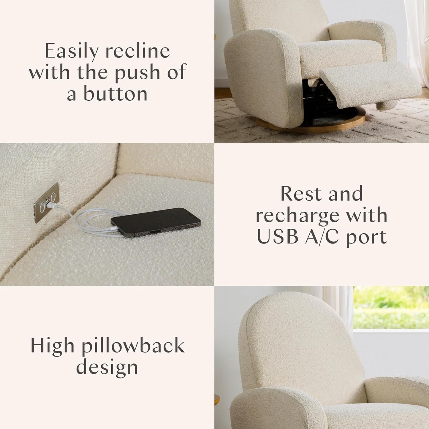 Babyletto Nami Electronic Power Recliner and Swivel Glider with USB Port in Ivory Boucle with Light Wood Base, Greenguard Gold and CertiPUR-US Certified