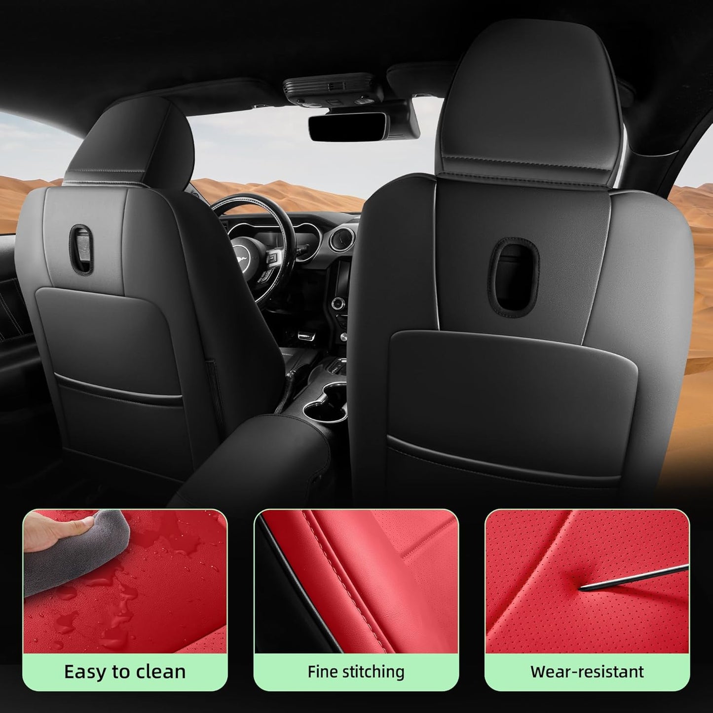 Custom Fit Ford Mustang Convertible Seat Cover 2015 2016 2017 2018 2019 2020 2021 2022 2023 2024 2025 2026, Faux Leather Car Seat Cover Full Set (Convertible-Red+Balck)