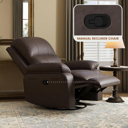 Leather Swivel Rocker Recliner Chair, Traditional Manual Chair, Upholstered Nursery Glider Rocking Recliner, Comfy Faux Leather Single Sofa with Pocket Spring for Living Room, Camel