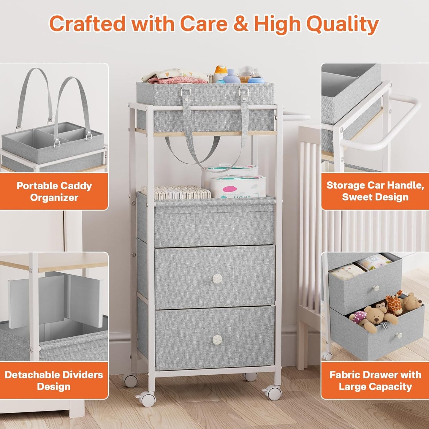 Modanais Baby Diaper Caddy Organizer Cart with Drawers - 3In1 Rolling Storage Cart with Wheels, Removable Diaper Caddy, Detachable Dividers - for Crib, Bedroom, Art & Craft Organizer (Off White)
