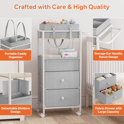 Modanais Baby Diaper Caddy Organizer Cart with Drawers - 3In1 Rolling Storage Cart with Wheels, Removable Diaper Caddy, Detachable Dividers - for Crib, Bedroom, Art & Craft Organizer (Off White)
