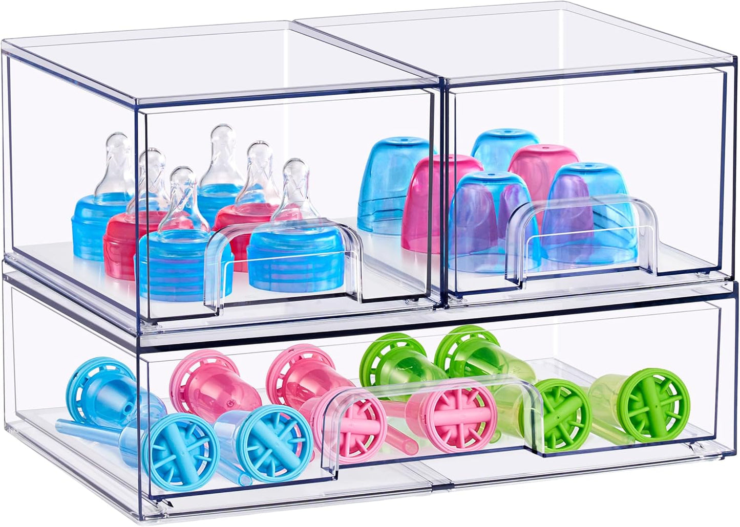 Sorbus Stackable Acrylic Storage Drawers – 2 Small + 2 Tall + 1 Wide – 5 Pack Clear Plastic Organizer Bins for Baby Bottles, Makeup, Bathroom & Vanity, Pull-Out Drawer Design for Kitchen Cabinets
