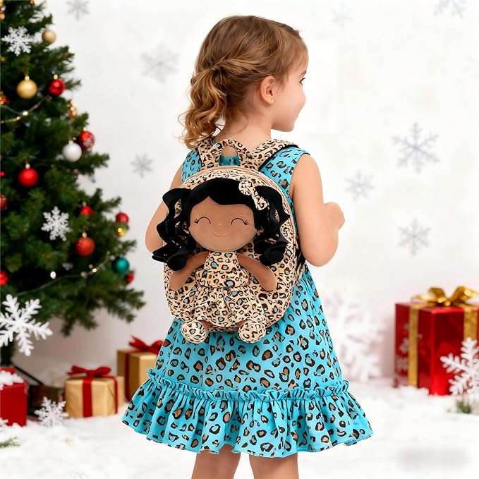 Gloveleya Toddler Backpack Baby Girl Gifts Curly Hair Plush Figures Dress Backpack Kids Backpack Curly Hair Spring Girl - Black Leopard 9inches
