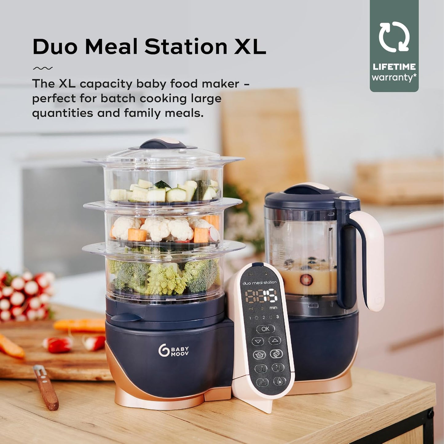 Babymoov Duo Meal Station XL, 6 in 1 Food Processor with Steamer, Multi-Speed Blender, Warmer, Defroster & Sterilizer (Nutritionist Approved), pink