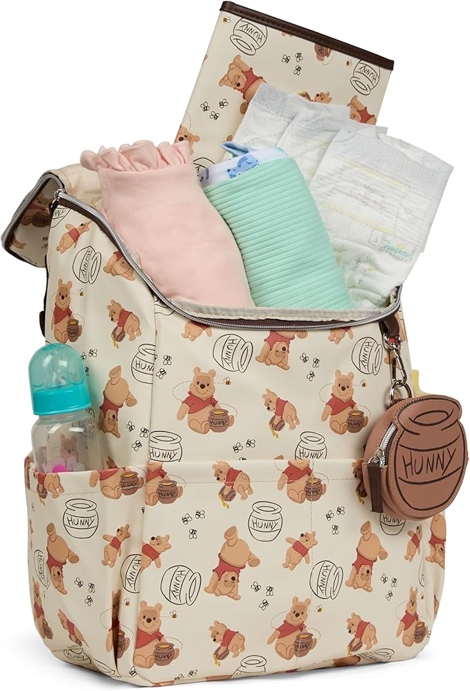 Disney Diaper Bag Backpack with Changing Pad Winnie the Pooh – 16” Nylon Baby Bag for Parents, Insulated Bottle Holders, Multiple Storage Pockets