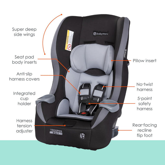 Baby Trend Trooper™ Slim 3-in-1 Convertible Car Seat, Dash Black – Slim Fit, 3-in-1 Growth Modes, Lightweight Design, Adjustable Comfort Padding