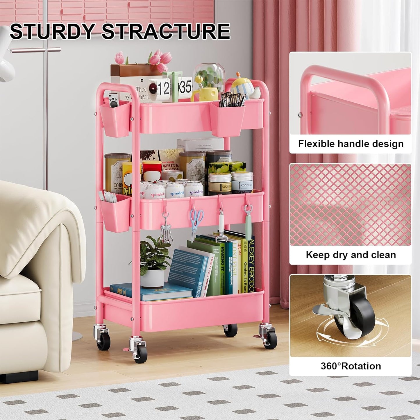 3 Tier Rolling Cart Metal with Lockable Wheels, Pink Three Tiered Diaper Caddy Cart Organizer on Wheels, Storage Utility Trolley Carts for Craft, Art, Nail, Lash, Baby Supplies, Cleaning, Mesh