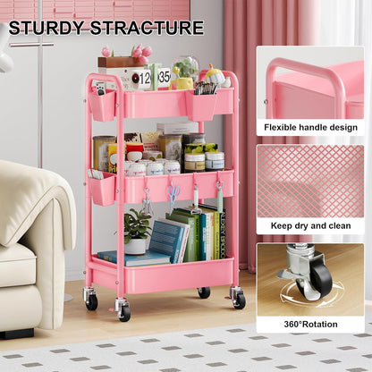 3 Tier Rolling Cart Metal with Lockable Wheels, Pink Three Tiered Diaper Caddy Cart Organizer on Wheels, Storage Utility Trolley Carts for Craft, Art, Nail, Lash, Baby Supplies, Cleaning, Mesh