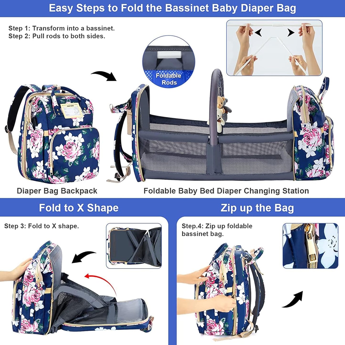 GurZinn Diaper Bag Backpack with Changing Station, Foldable for Bady Toddler, 3 in 1 Large Capacity Newborn Essentials Organizer with Stroller Hook for Girls and Boys（Pink）