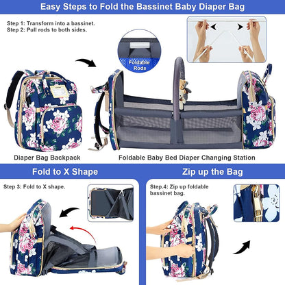 GurZinn Diaper Bag Backpack with Changing Station, Foldable for Bady Toddler, 3 in 1 Large Capacity Newborn Essentials Organizer with Stroller Hook for Girls and Boys（Pink）