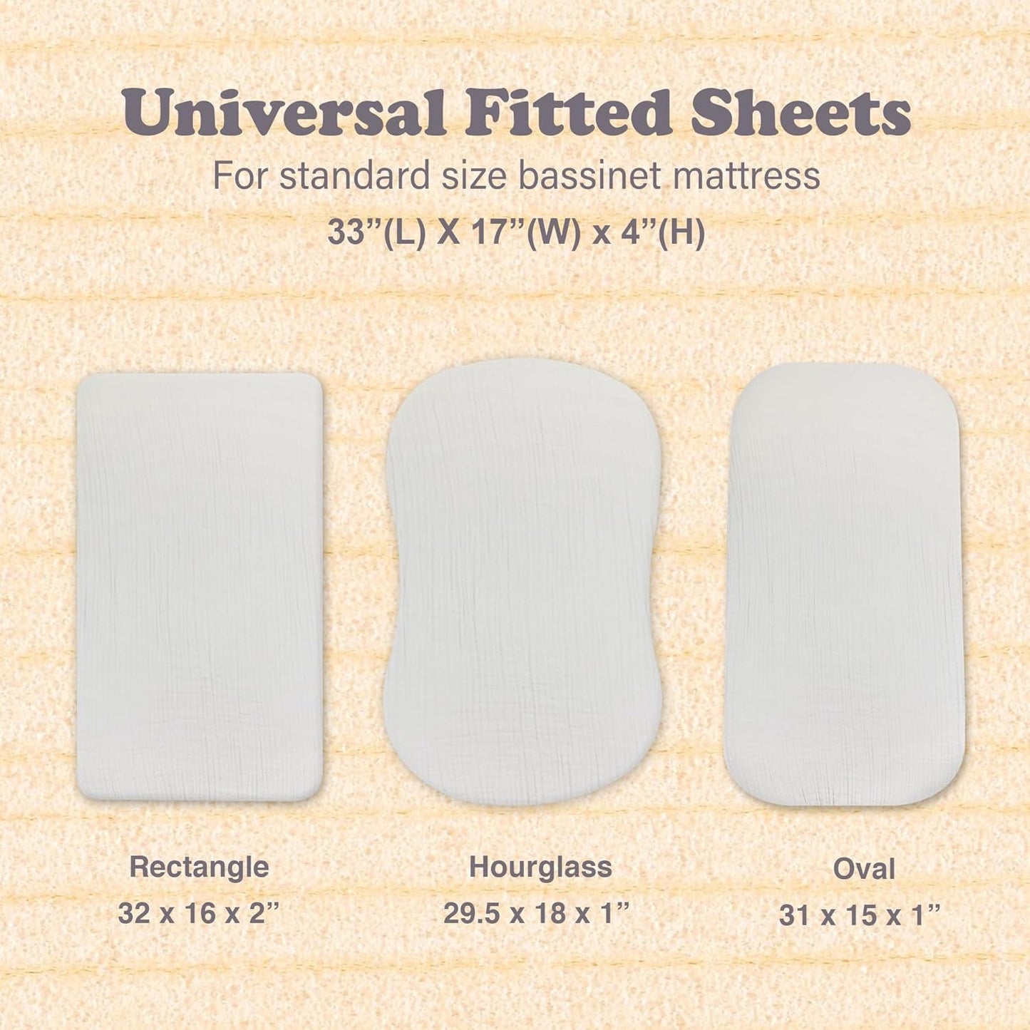 3-Pack Bedside Sleeper Bassinet Sheets | GOTS Certified Organic 100% Muslin Cotton | Ultra Soft & Breathable | 33×20×4” Fitted Sheets | Universal Fit 29–33” x 17–21” Pads