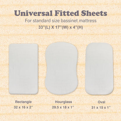3-Pack Bedside Sleeper Bassinet Sheets | GOTS Certified Organic 100% Muslin Cotton | Ultra Soft & Breathable | 33×20×4” Fitted Sheets | Universal Fit 29–33” x 17–21” Pads