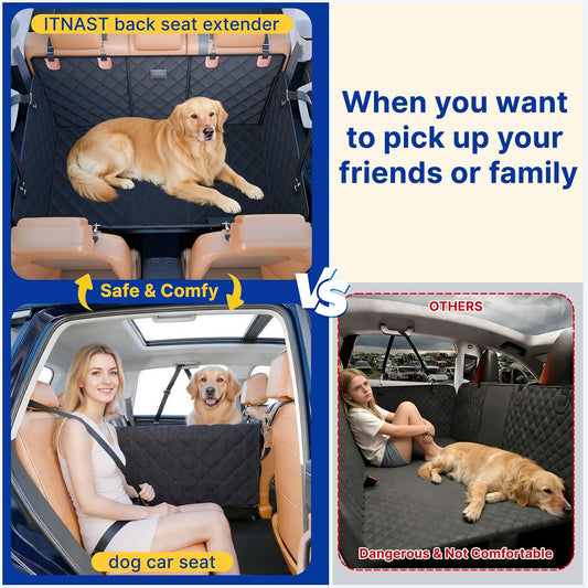 Convertible Back Seat Extender for Dogs, Foldable 400lb Hard Bottom Dog Car Seat Cover for Back Seat, Waterproof Dog Hammock Bed Backseat Cover for Dogs in Car SUV Truck Pet Seat Cover Black XL