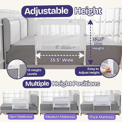 ComfyBumpy Premium Adjustable Bed Rail for Toddlers, Swing-Down Safety Guard, Height Adjusts 24.4"–32.3" H, 35.5" Regular Length, Sturdy Steel & Breathable Mesh, for Twin, Full & Queen, White, 1-Pack