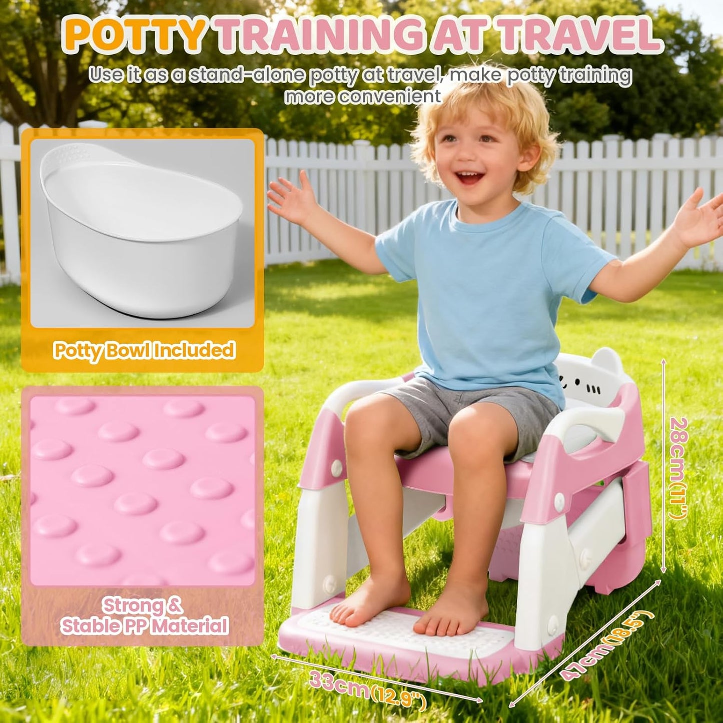 Orzbow Potty Training Seat | Upgrade Toddler Potty Training Toilet with Step Stool, 2-in-1 Stability Toilet Seat for Boys Girls | with Splash Guard, Anti-Slip Pad, Ladder, and Height Adjustable, Pink