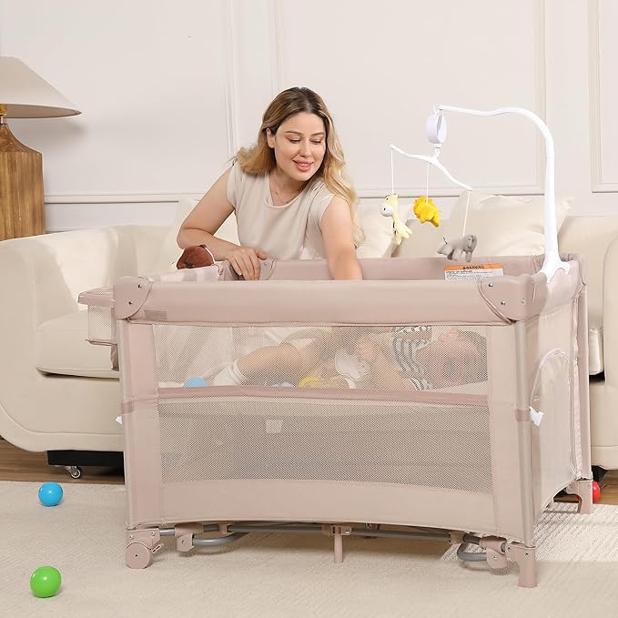 4 in 1 Pack and Play, Portable Travel Baby Bassinet, Foldable Travel Playard Playpen for Toddler, Bedside Crib Sleeper, Diaper Changer Table, Baby Playard for Newborn (Champagne)