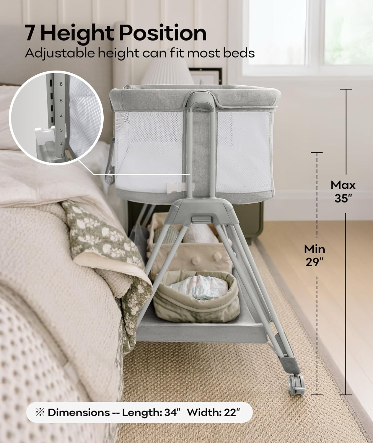 Fodoss Baby Bassinets Bedside Sleeper - 3-in-1 Baby Bassinet with Wheels, Soft Mattress, Storage Tray, Full-Mesh Sides, 7-Height Adjustable Crib for Newborns