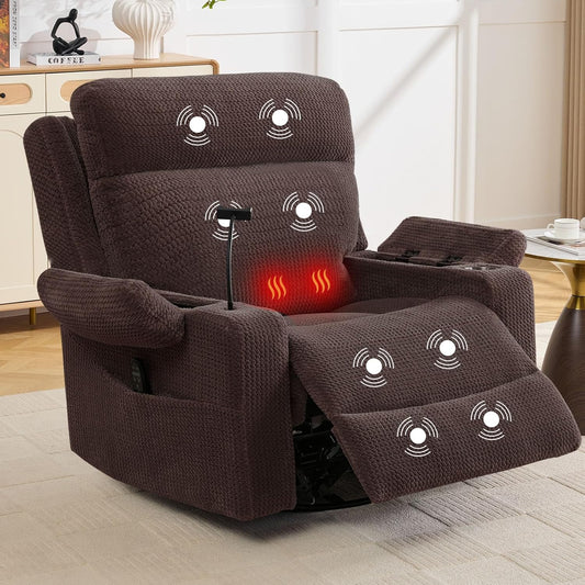 Dual Motor Power Swivel Rocker Recliner with Adjustable Headrest for Adults,Power Glider Rocking Recliner with Massage & Heat,Oversized Glider Recliner Nursery Chair with USB &Type-C Ports,Grey