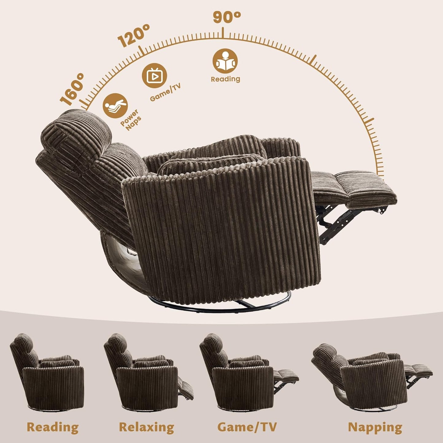 GRAINELL Oversize Power Swivel Recliner, 40in Wide Electric Glider Rocking Chair with Headrest Adjustment, USB Port, 270° Swivel, Rock 30° – for Living Room, Nursery, Black (5" 7' to 6" 1' Height)