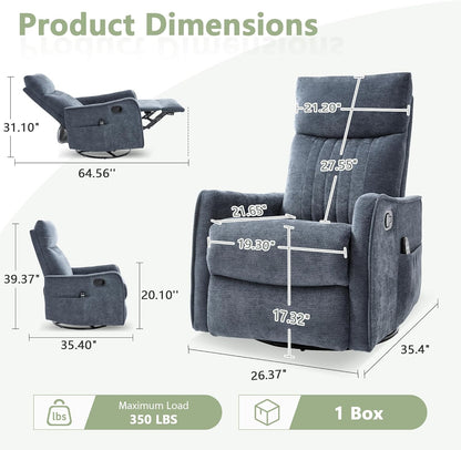 cinkehome Swivel Rocker Recliner, Glider Rocker Recliner Chair for Nursery, Manual Reclining Chair with Heated Massage, Small Spaces, Living Room, Khaki Chenille