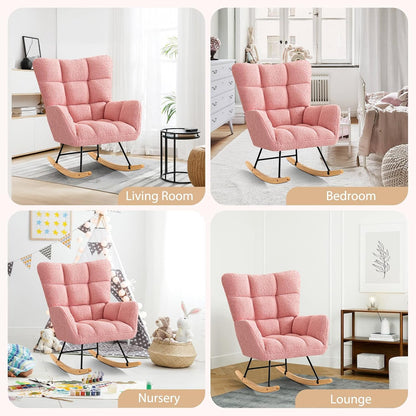Furniliving Nursery Rocking Chair Upholstered Glider Rocking Chair Modern Accent Chair Padded Seat Reading Chair with High Backrest Comfy Chair for Living Room, Bedroom, Nursery, Black, Teddy
