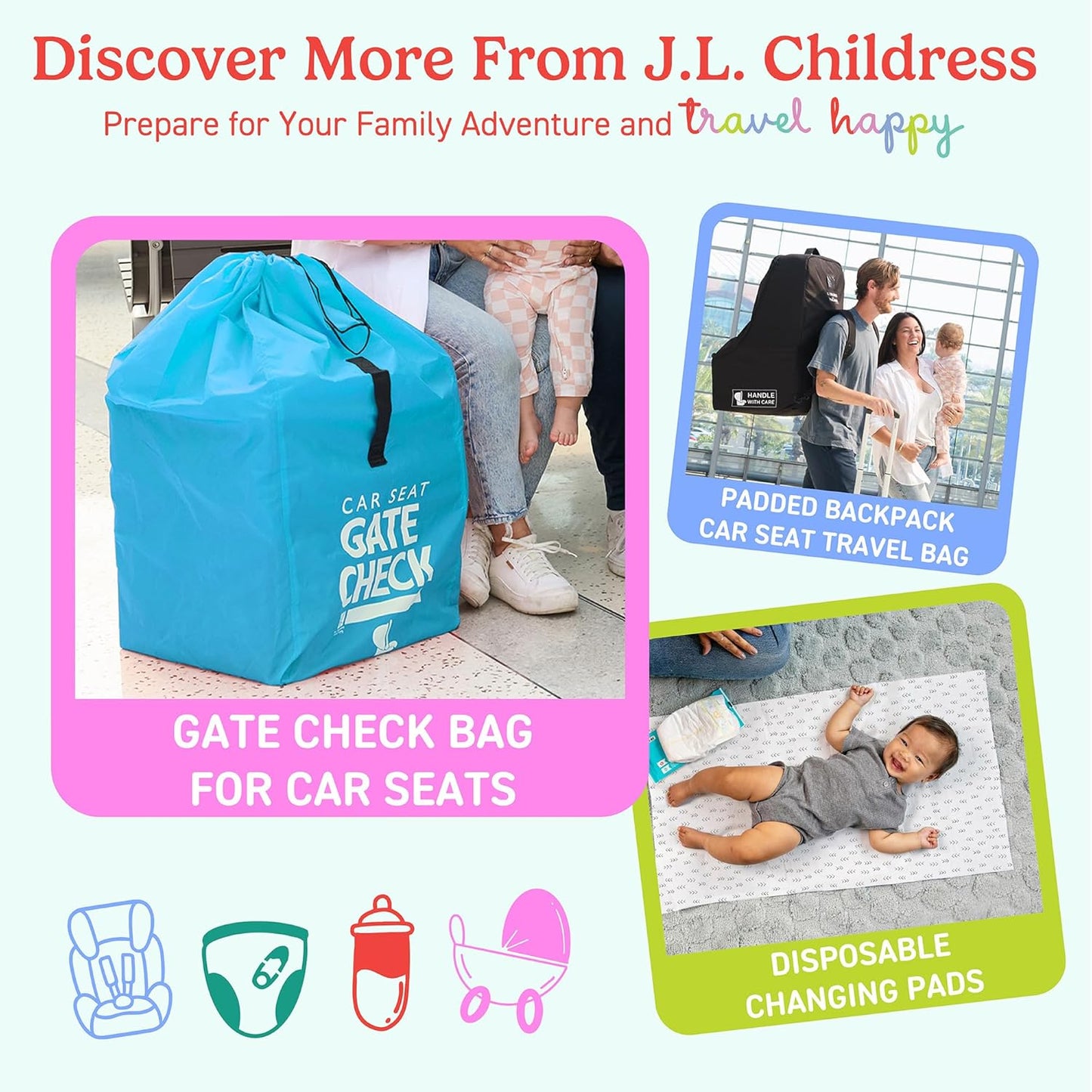 J.L. Childress Gate Check Bag for Single & Some Double Strollers - Travel Bag for Airplane, Fits Most Standard Baby Strollers, Airport Accessories for Gate Check, Flying Essentials - Red