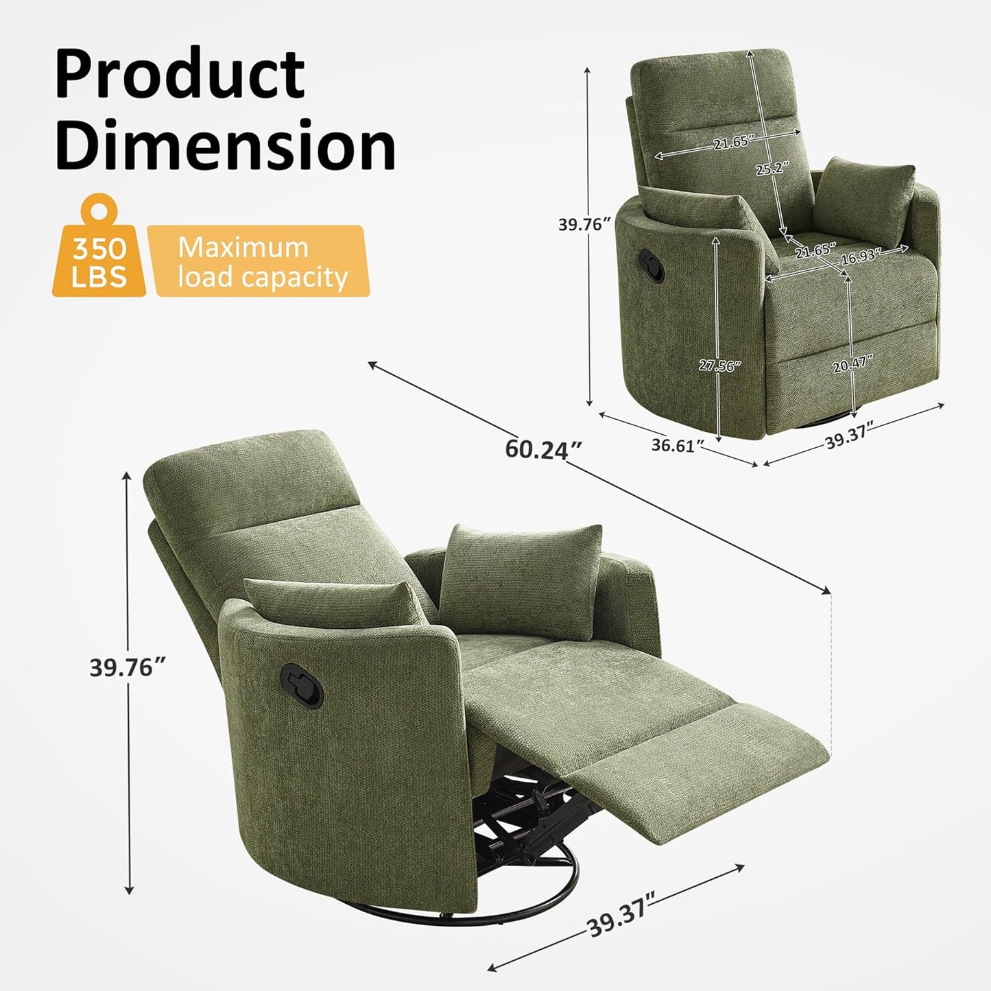 Nursery Rocking Chair, Oversized 360° Swivel Glider Recliner Chair, Upholstered Nursery Rocker with 2 Pillows and Footrest, Cozy Reclining Sofa for Living Room, Bedroom, Nursing, Olive