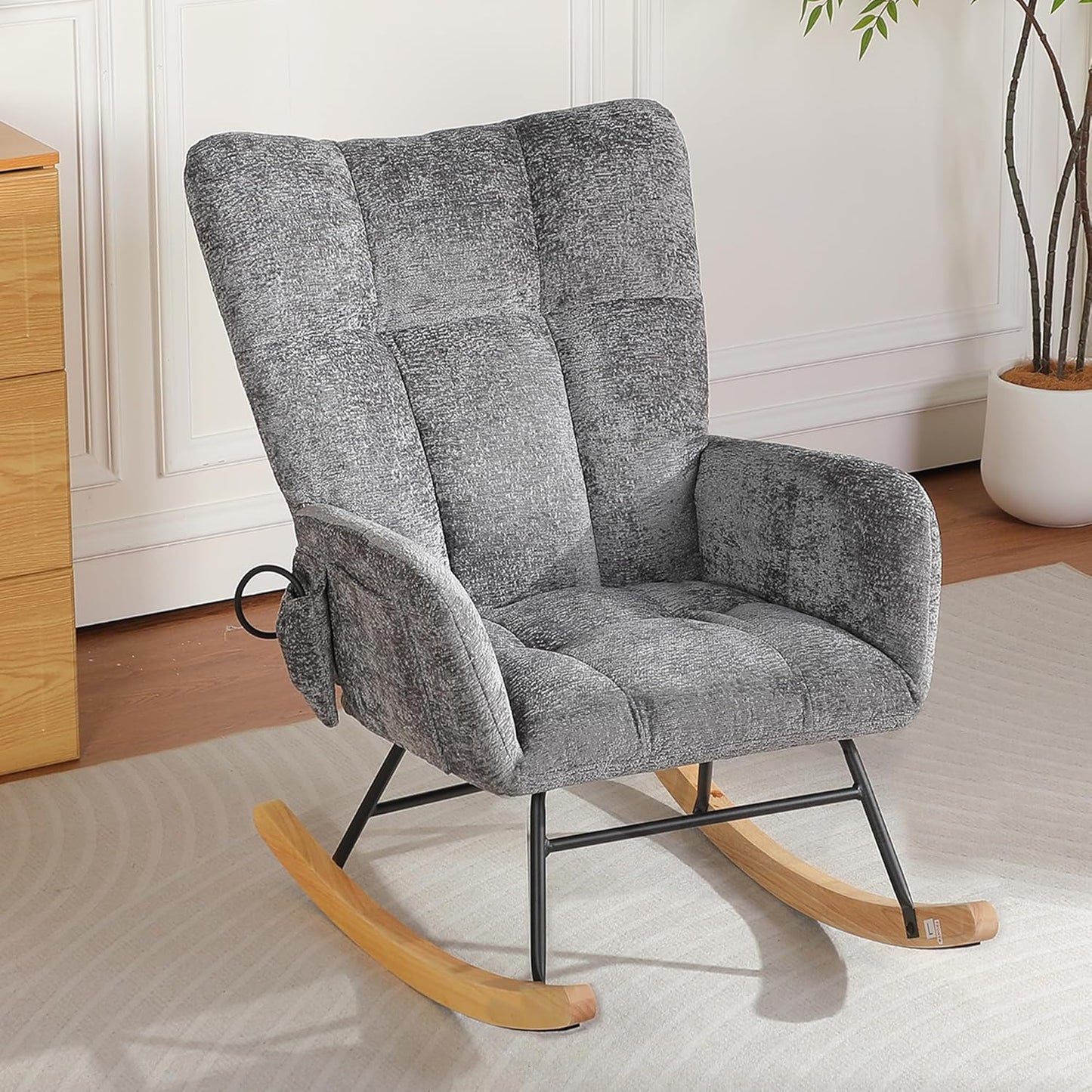 Rocking Chair Nursery with Airbag, Comfy Modern Nursery Rocking Reading Chair indoor with Footrest, Cozy Upholstered Glider Rocker Chairs for Living Room Bedroom Offices(Chenille, Dark Grey)