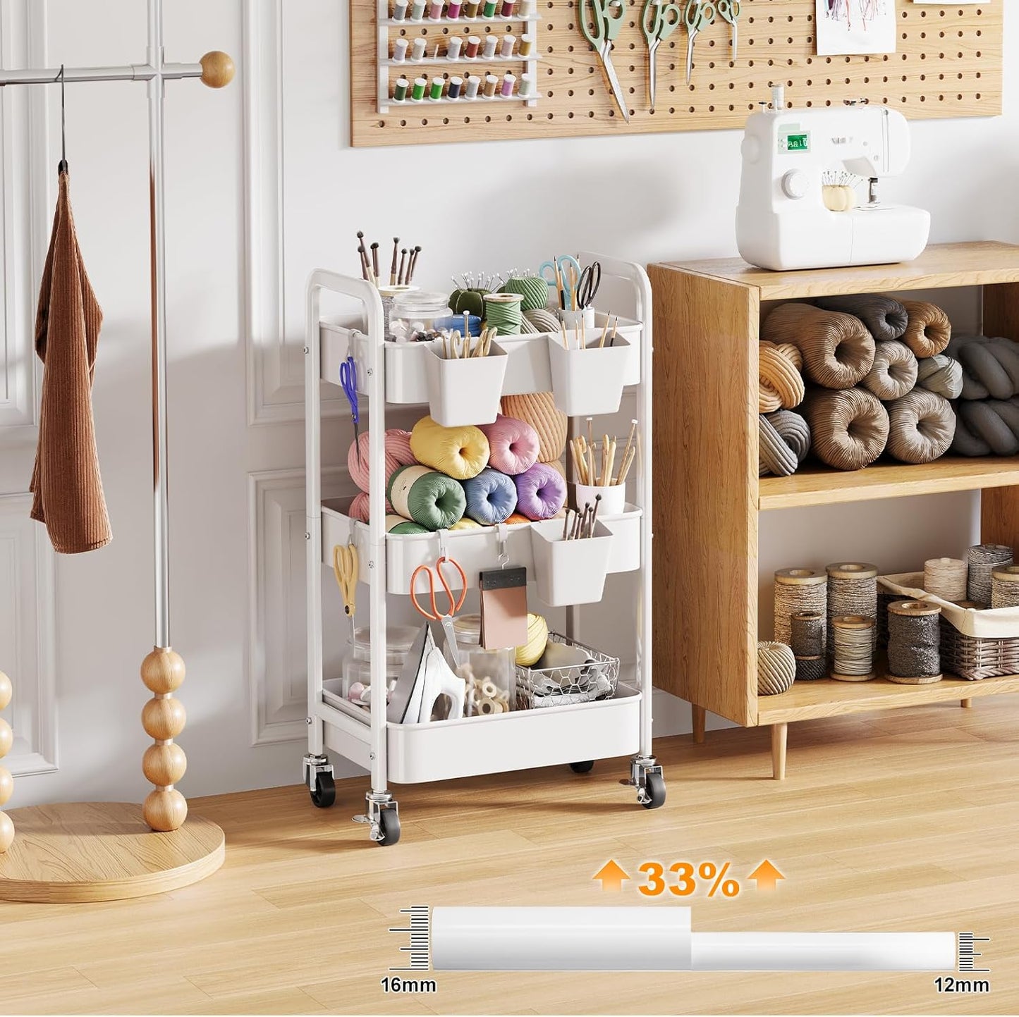 Beige 3 Tier Rolling Cart Metal on Wheels, Three Tiered Storage Organizer Utility Trolley with Wheels for Art, Craft, Baby Diaper Caddy, Snack, Book, Nail, Lash, Cleaning Supplies, Kitchen, Bathroom
