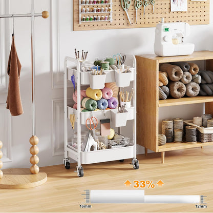 Beige 3 Tier Rolling Cart Metal on Wheels, Three Tiered Storage Organizer Utility Trolley with Wheels for Art, Craft, Baby Diaper Caddy, Snack, Book, Nail, Lash, Cleaning Supplies, Kitchen, Bathroom