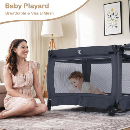 TODEFULL 4 in 1 Multifunctional Pack and Play, Foldable Baby Playards with Changing Table & Breathable Mesh, Baby Playpen for Babies and Toddlers, Black