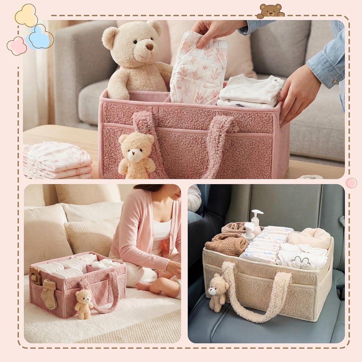 Shinylin 2 Pack Diaper Caddy Organizer Baby Caddy Organizer with Handle Nursery Storage Bin and Car Storage Basket for Diapers, Wipes, Newborn Necessities Baby Shower Gifts(Lily Green and Ivory)