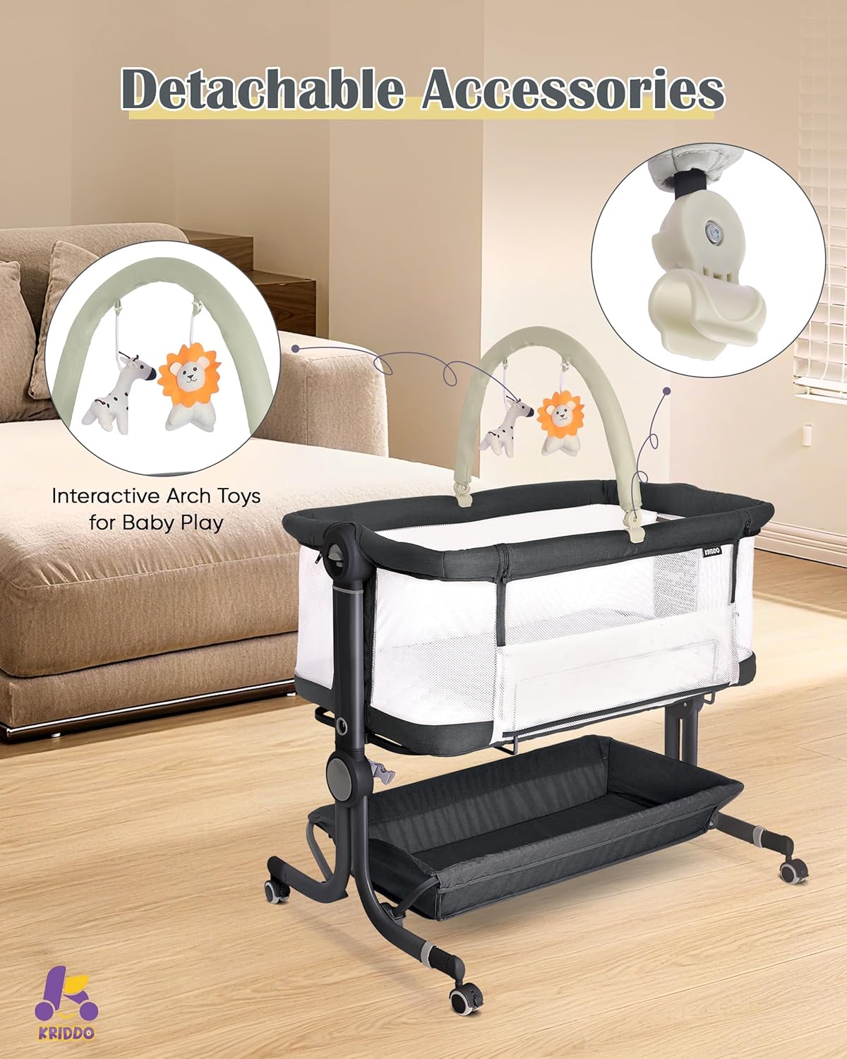KRIDDO 2-in-1 Baby Bassinet for Infant, Bedside Bassinet with All-around Breathable Mesh, Lockable Wheels, Adjustable Height and Incline, Bedside Sleeper for Baby with Large Storage Basket, Light Grey